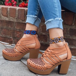 Mexican leather wedges heels , Boho Hippie All sizes High heel leather shoe, Mexican wedges, Cute leather Block shoe tan , huarache sandal