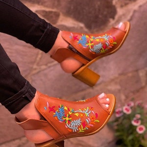 All Sizes Boho- Hippie Vintage Mexican Style- Huarache mexicano leather New version Embroidery open toe shooties heel