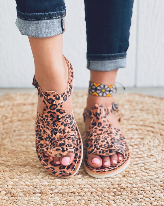 Cute Leopard Print Huarache Sandal Mexican Style Boho Hippie All Sizes 5 10us Leather Shoe Piel Esperancita Unique Gift for Her Etsy
