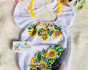 Mexican Baby Outfit Includes bow - Floral romper Mexican fiesta theme - sunflower baby outfit