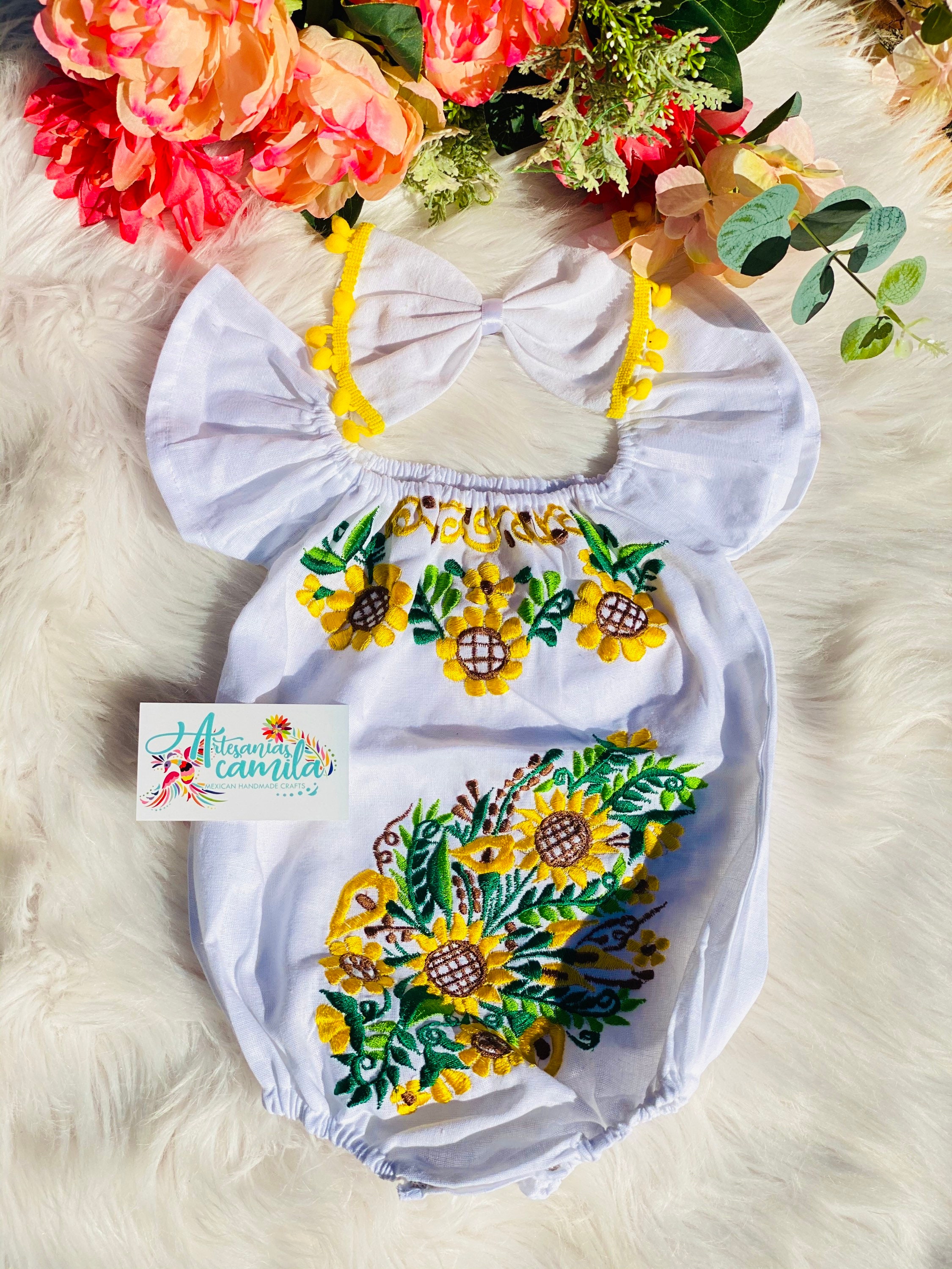 Mexican Baby Outfit Includes bow - Floral romper Mexican fiesta theme - sunflower baby outfit