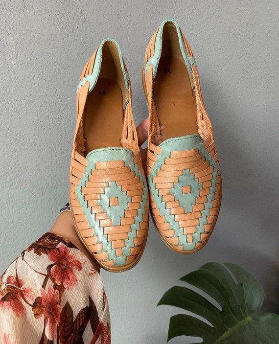 Tan Blue Aztec Huarache Sandal All Sizes Boho- Hippie Vintage