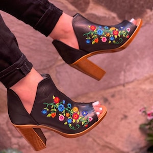 Leather Mexican Embroidery open toe boots  - Mexican style Boho Hippie All sizes- 5-10 High heel leather shoe
