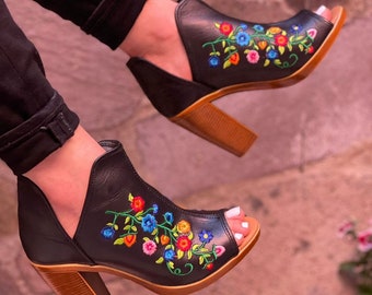 Leather Mexican Embroidery open toe boots  - Mexican style Boho Hippie All sizes- 5-10 High heel leather shoe