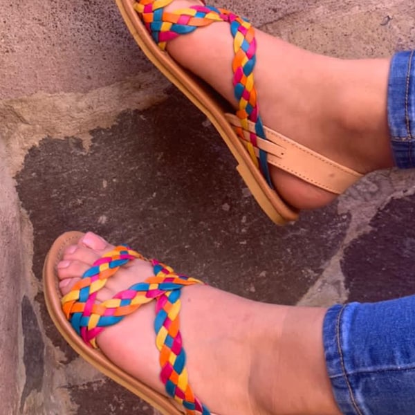 Mexican leather Huarache rainbow All Sizes Boho- Hippie Vintage handwoven leather summer cute colorful sandals final sale