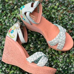 Mexican leather Embroidered wedge Mexican high heel huarache-  Boho Hippie All sizes- 5-10 shoe  Teal mint Ronda clearances sale