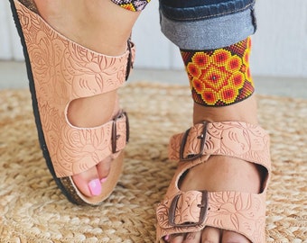 Huarache Sandal - Mexican style Boho Hippie All sizes- 5-10 US leather shoe Tooled cute unique sandal adjustable wide friendly
