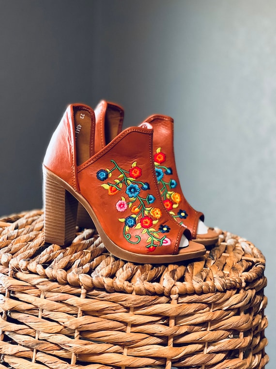 Leather Mexican Embroidery Open Toe Boots Mexican Style Boho Hippie All Sizes 5 10 High Heel Leather Shoe Brick Cognac Etsy