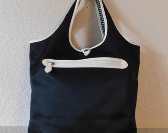 Ann Taylor loft black tote bag/black and white tote bag white faux leather trim/Extra large easy care tote bag