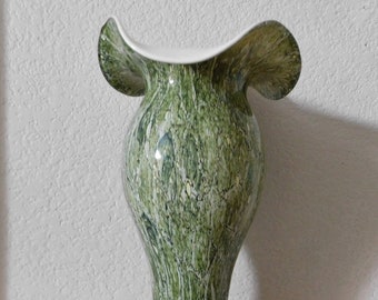 Vintage Fenton art glass green orange white vase/wavy ruffled Fenton green vase 14&quot; tall
