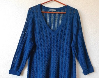 NY collection size XL women's lace top/blue lace long sleeve v neck top/beautiful cable knit front &  back blue lace top