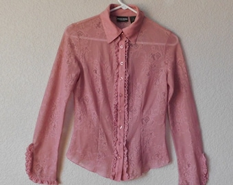 Stunning BISOU BISOU Michelle BOHBOT Sheer Floral Lace Blouse With Faux-Fur Collar