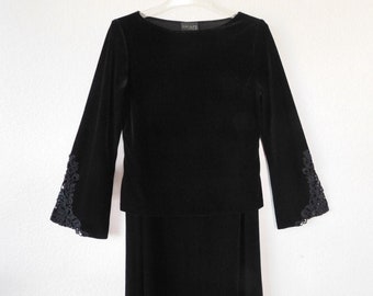 XSCAPE  size L 3-pcs black velvet long skirt suit/Formal long sleeve & cap sleeve top, skirt  3 pc suit/Embroidery kimono sleeve  suit