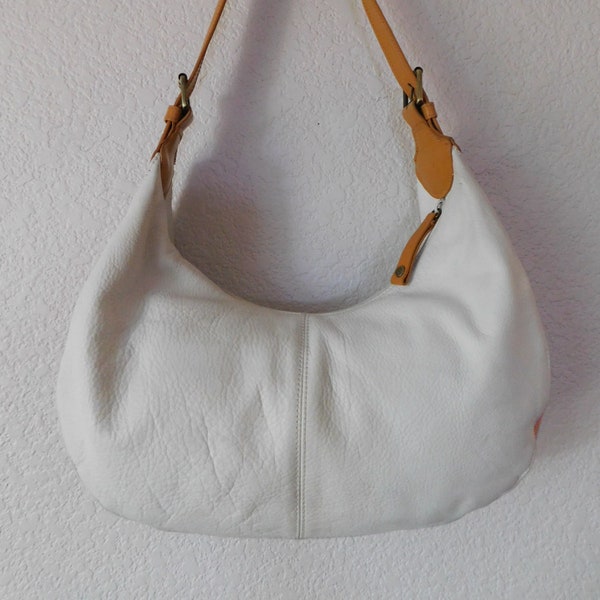 Franco Sarto white pebble leather shoulder bag/tan leather trim adjustable strap shoulder bag/Franco Sarto side stripe,leather shoulder bag