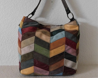 Lucky Brand leather XL tote bag/colorful suede leather patches chevron  XL tote bag/shoulder friendly wide leather strap XL tote bag