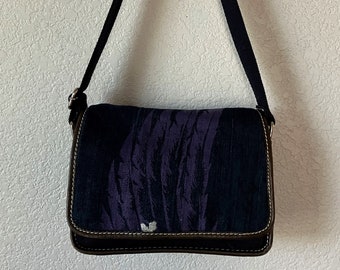 Land's end blue canvas denim shoulder bag/purple angel wings butterfly canvas shoulder bag/many pockets brown leather trim shoulder bag