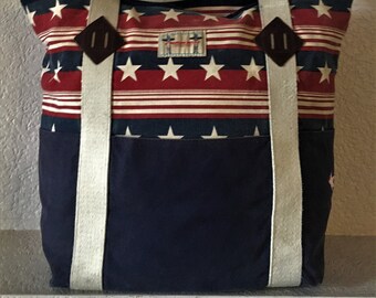 O'Hanlon Mills stars and stripes canvas tote bag/vintage patriotic travel tote/red white blue canvas tote