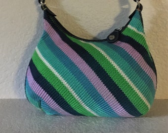 The SAK colorful shoulder bag/crochet green blue beige lavender shoulder bag/beautiful organizer side stripe crochet shoulder bag