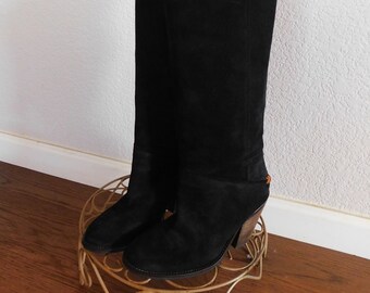 Free people size 5.5" black suede knee high boots/made in portugal black suede high boots/brown accent chunky heel free people high boots