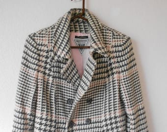 MARVIN RICHARDS women's wool coat/hound tooth/black pink white/pink lining/wool coat/fitted/size 8P