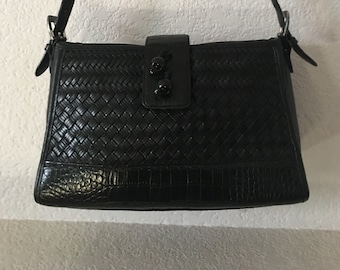 Brighton collection black leather shoulder bag/croc bottom thick leather shoulder bag/woven black leather top croc embossed leather bag