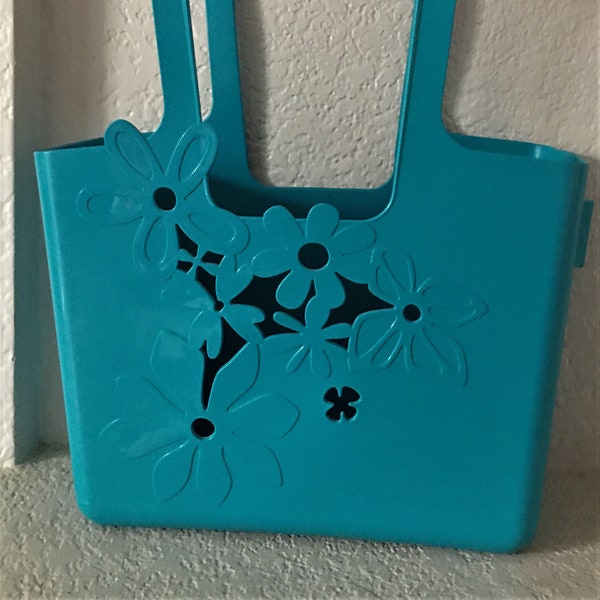 Koziol large turquoise shopping bag/made in Germany sturdy plastic shopping bag/beautiful color floral design shopping bag