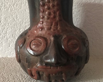 Mayan clay mask vase/decorative Mayan clay pottery/artist signed Mayan clay vase