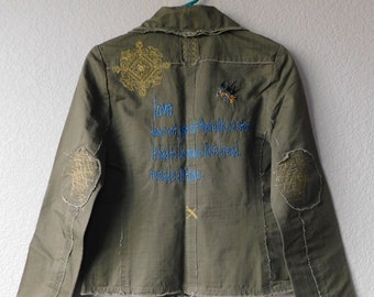 Vintage SIZE 2 cotton jacket/olive green distressed embellished unique design love jacket/elbow patch lovely patch BEAUTIFUL JACKET