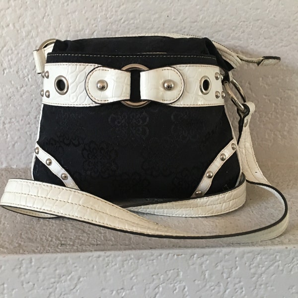 Kathy Van Zeeland messenger bag/black canvas white faux leather studs crossbody bag/beautiful & cute animal embossed crossbody