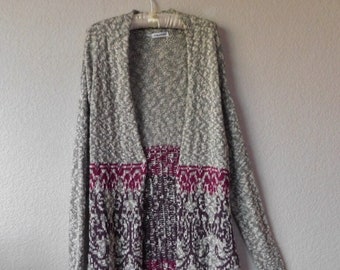 Maurices women's long floral cardigan  coat/gray burgundy cotton blend open front sweater coat/beautiful long cardigan sweater coat