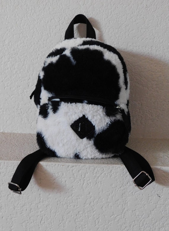 White black cow faux fur small backpack/cute small