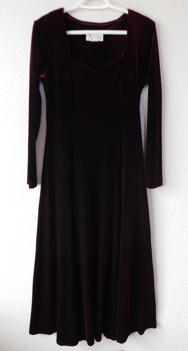 Expose France USA Italy women/'s burgundy velvet dressstretchlong dresslong sleeveparty dressflare skirtmade in USAsize M