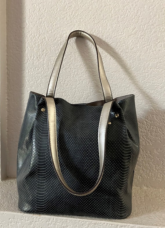 Vintage gray faux leather snake skin tote bag/gray