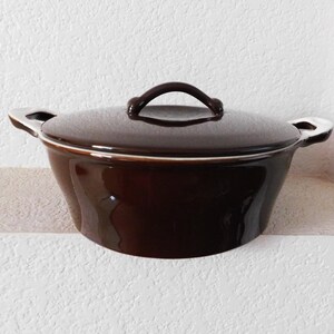 May include: A dark brown ceramic casserole dish with a matching lid and handle. The dish has two side handles and a white rim. The glossy finish reflects light, highlighting its shape and design. A kitchenware item.
