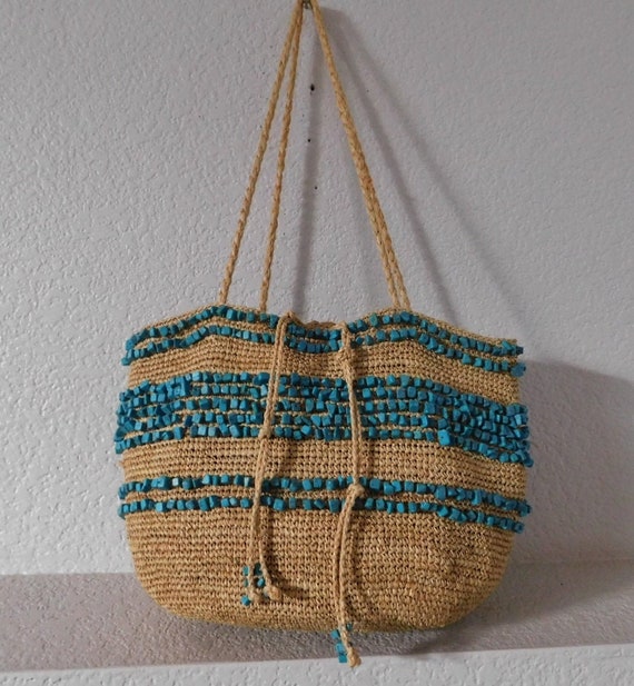 J, Crew straw shoulder bag/turquoise stone straw s