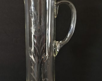 Vintage cocktail glass pitcher/etched tall  cocktail  mixer/glass cocktail pitcher
