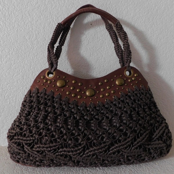 Chico's handwoven brown cotton XL shoulder bag/faux leather trim gold studs brown shoulder bag/beautiful woven handle brown shoulder bag