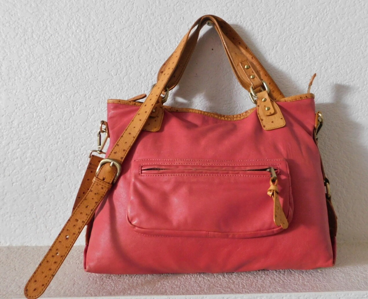 Donald J Pliner grapefruit leather messenger bag/functional leather messenger shoulder bag/ostrich leather trim and strap messenger bag