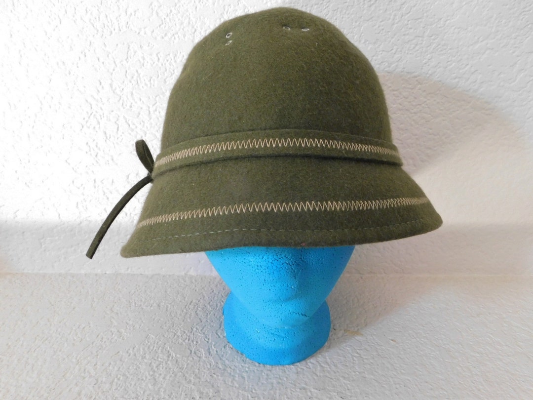 Wool Women's Olive Green Bucket Hat/band Stitched With Bow Felt Hat