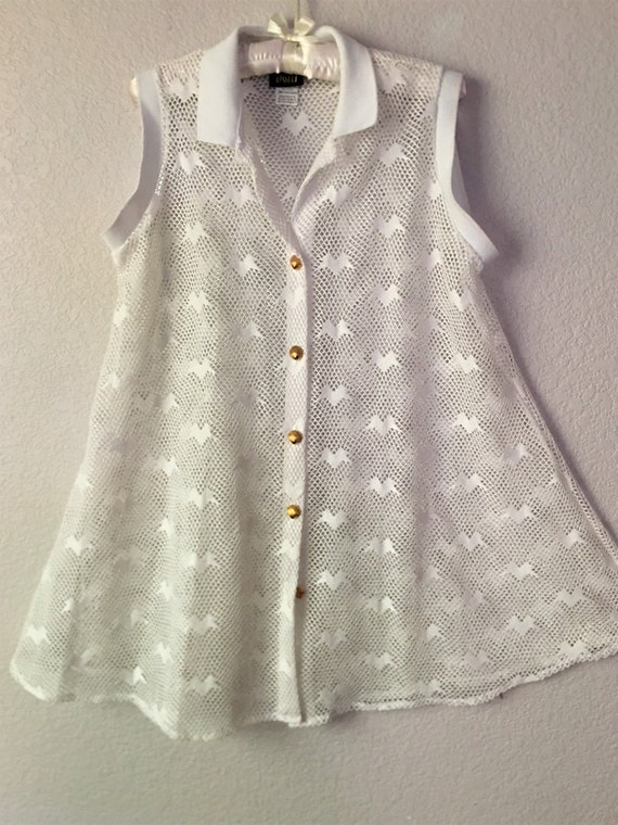 Dotti size M net lace sleeveless top/white gold tone shell buttons net lace top/see through white net lace top