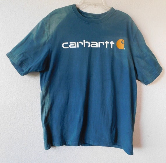 【送料&関税込】Carhartt Logo Patch T-shirt Blue Carhartt Size L Distressed Blue Green Short T Shirt/original
