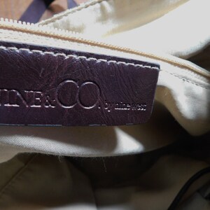 May include: A brown leather tag with the text "NINE & CO. by nine west" inside a beige fabric handbag.