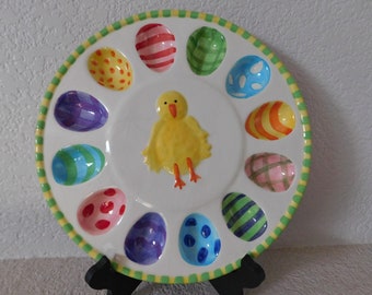 Colorful handmade ceramic deviled egg plate/12 eggs hand painted deviled egg plate/cute 4 egg - feet hand painted egg plate