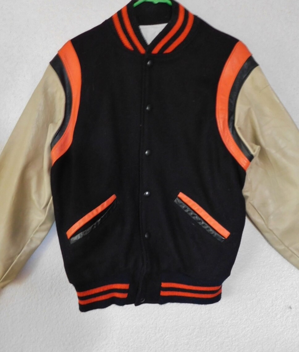1940 s Ripon Award Size L by Carl Dorhling Rockabilly Wool Leather Varsity Jacket black Orange Beige Varsity Wool Leather Jacket Etsy