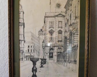 The Nails Corn st Bristol architectual sketch  print by peter griffin-vintage gold green framed  1970