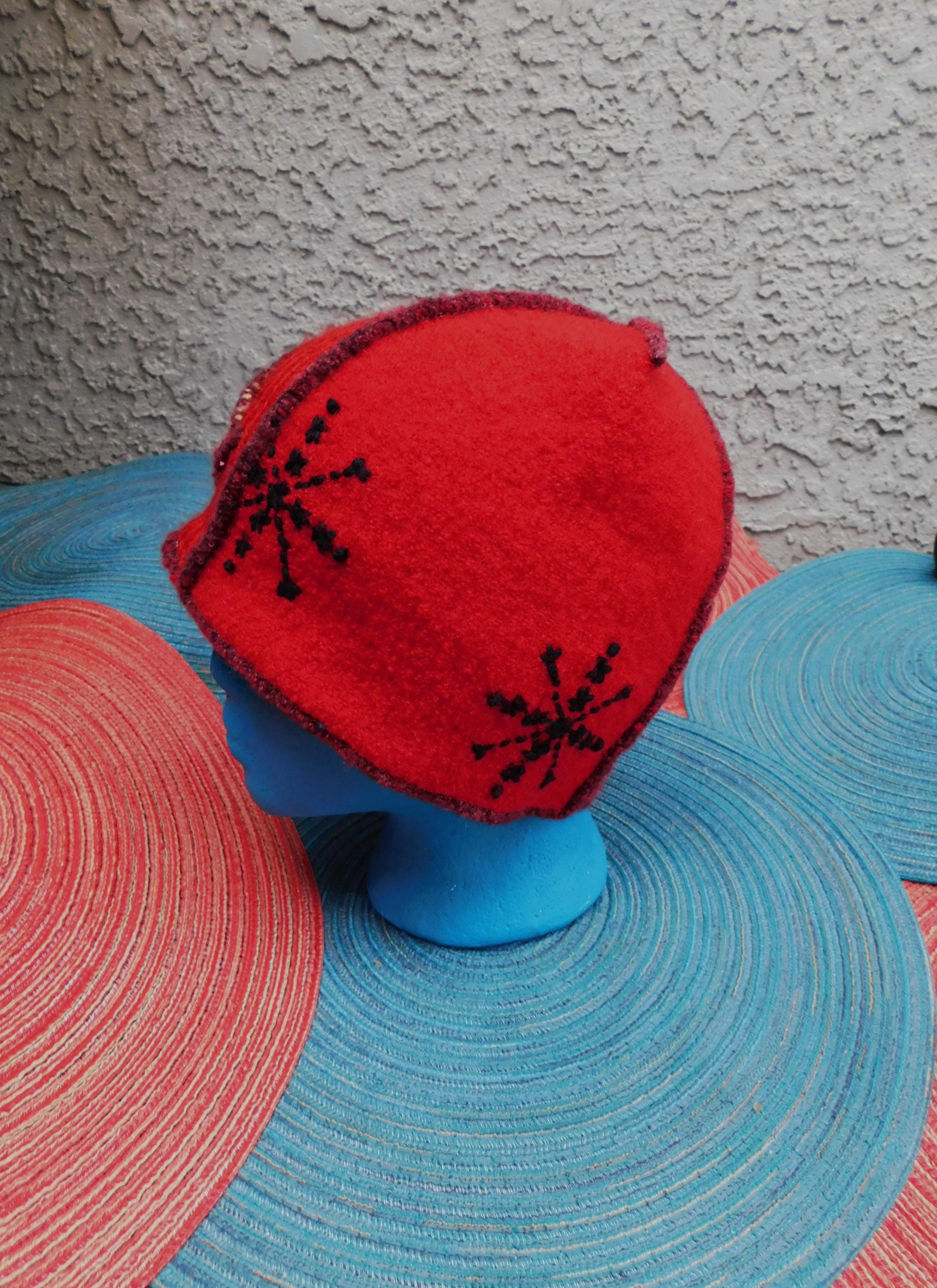 Wool Handmade Red Beanie/black Snow Flake Pattern Red Cap - Etsy display picture 2