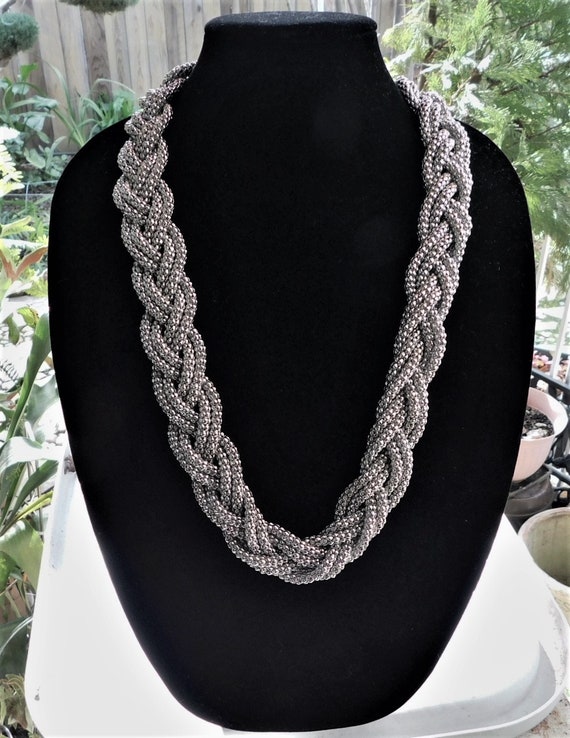 Vintage pullover silver strand braided  necklace/… - image 1