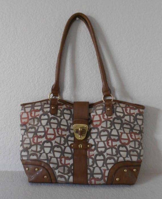 Etienne Aigner Large Canvas Should Bag Brown Red Logo Tote Etsy