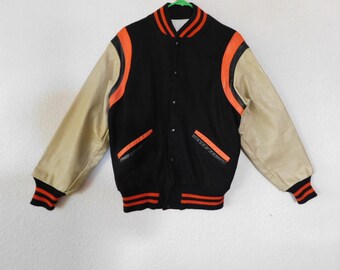 1940&#39;s Ripon Award size L by Carl Dorhling rockabilly wool leather varsity jacket/black orange beige varsity wool leather jacket