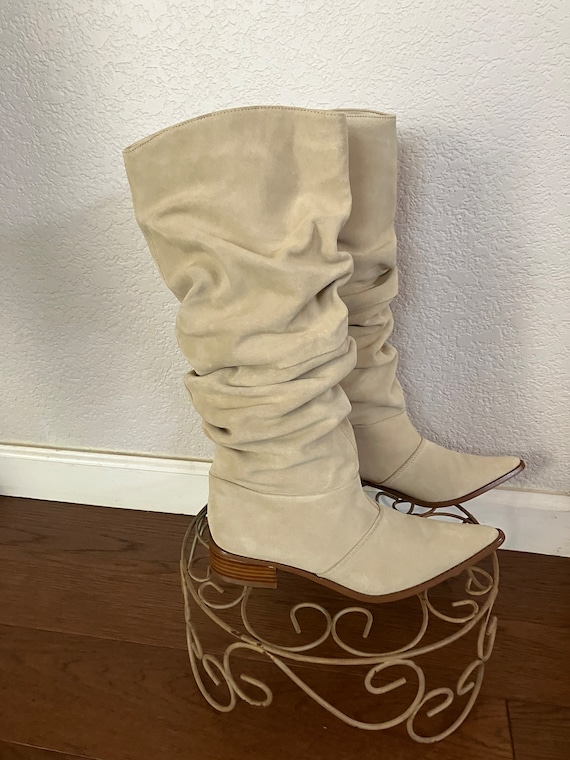 NEW Chinese Laundry Size 7.5M Women s High Boots beige Faux Suede Flat Heel Cowgirl High Boots Etsy